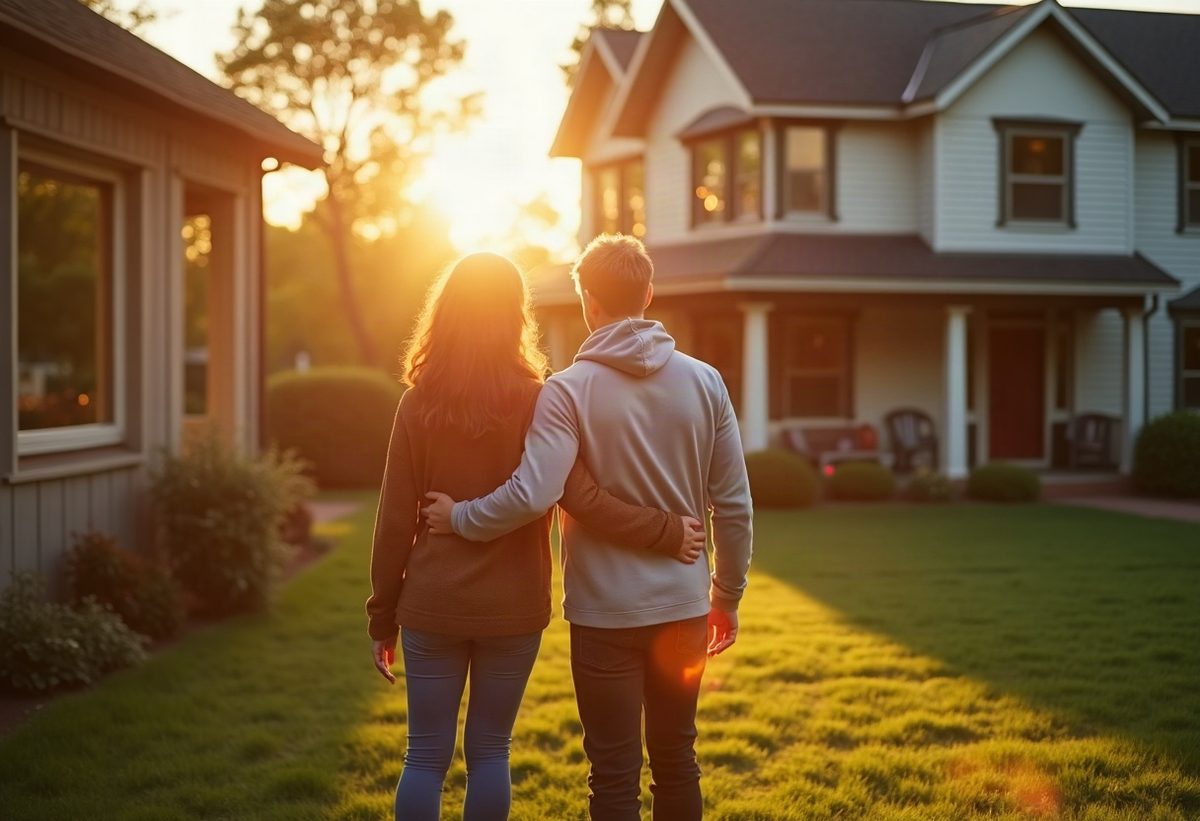 A couple standing on the porch of a home at golden hour