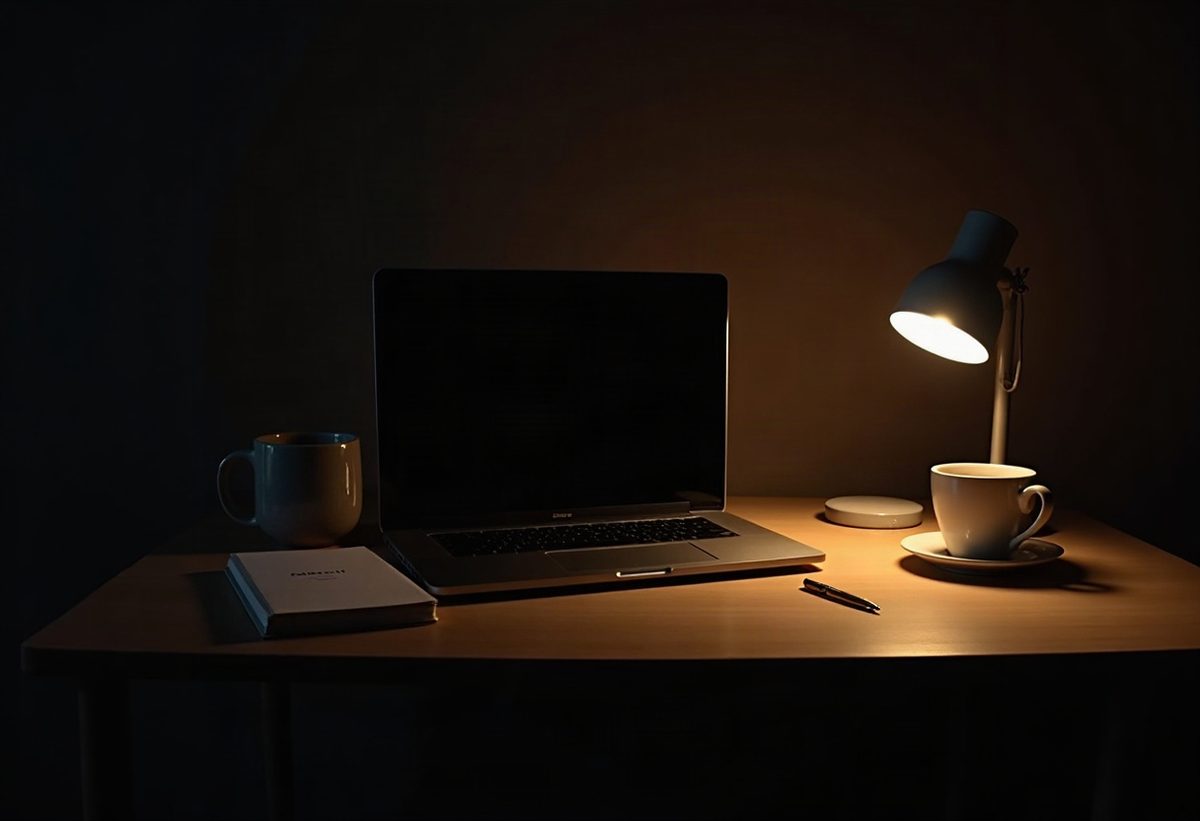 A quiet desk at night with a laptop, notebook and coffee