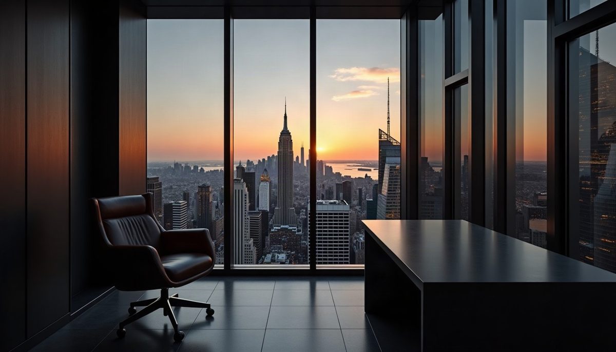 A dark modern office looking out over a city skyline at dusk